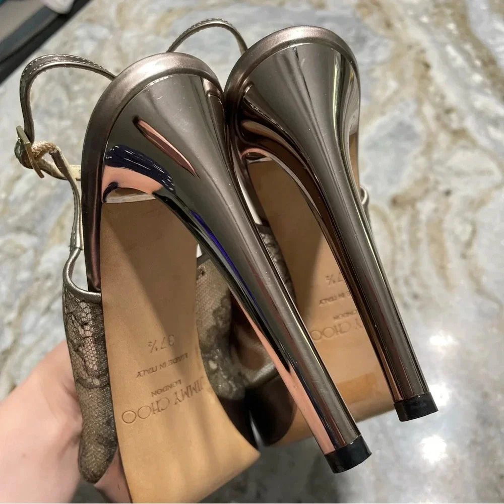 Jimmy Choo Metallic Brown Lace Dahlia Peep Toe Pumps Size 37